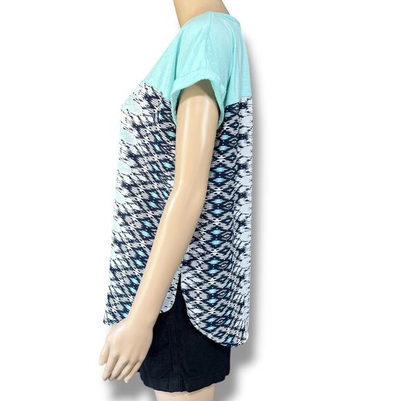 Jolt Womens Blouse Shirt Top Geo Print Pullover Short Sleeve Blue Teal Large - Picture 5 of 9
